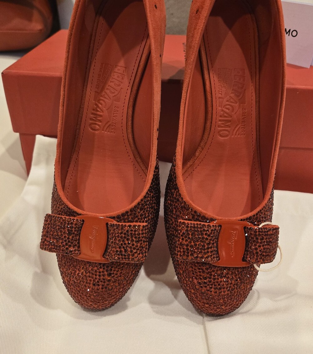 Salvatore Ferragamo Crystal-Embellished Suede Red Pumps Size 6 NWB - Picture 8 of 16